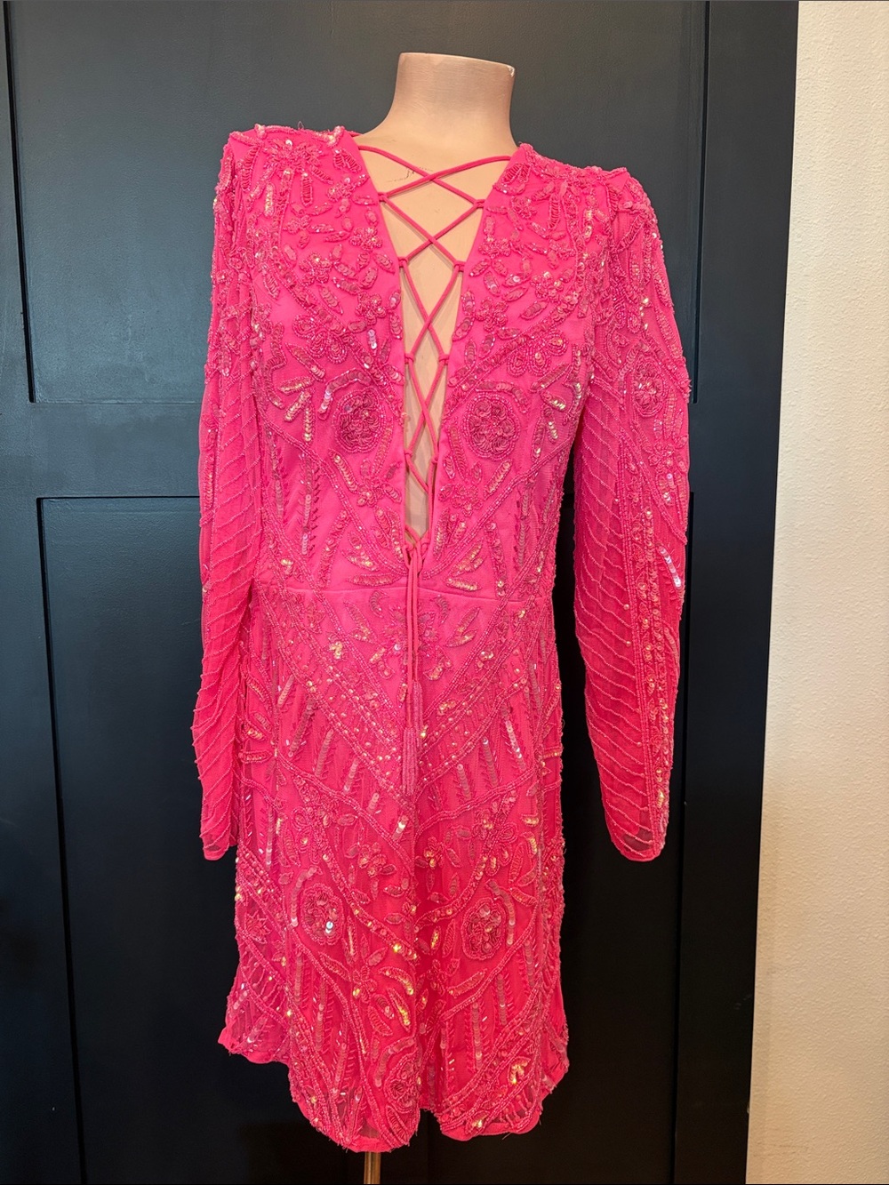 658. Ashley Lauren Beaded Hot Pink Long Sleeve Lace-Up Evening Dress